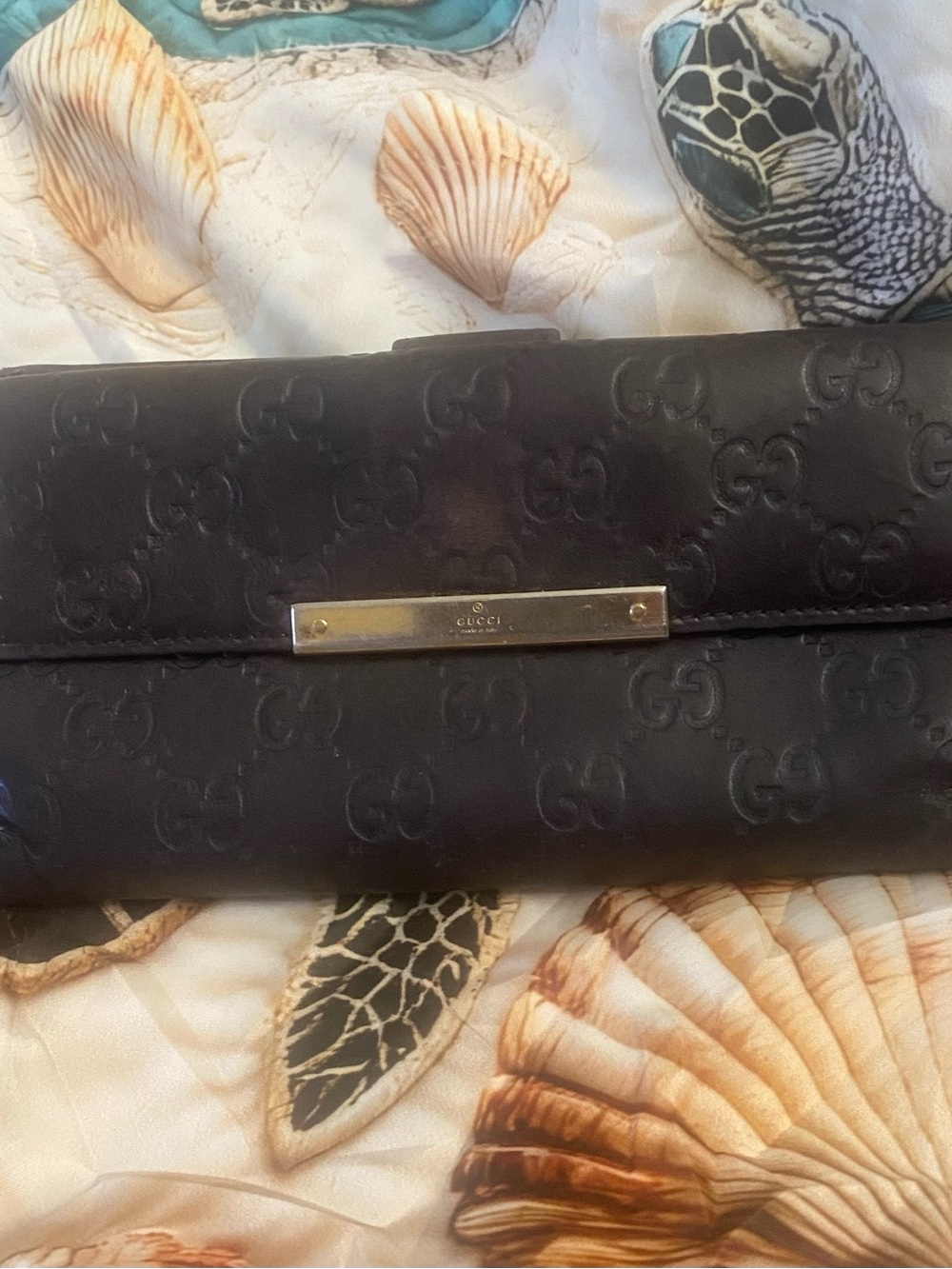 Vintage Gucci Dark Brown Embossed GG Continental Wallet with Gold Plate Logo